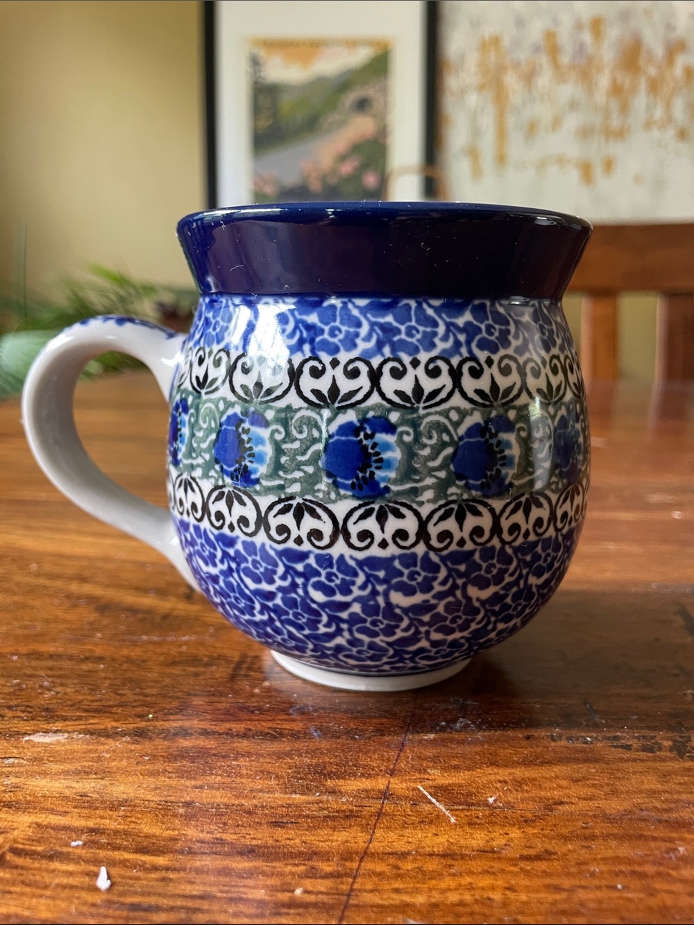 Polish Pottery Mug Bubble Potbelly Mug Blue Indigo Flowers Floral Design